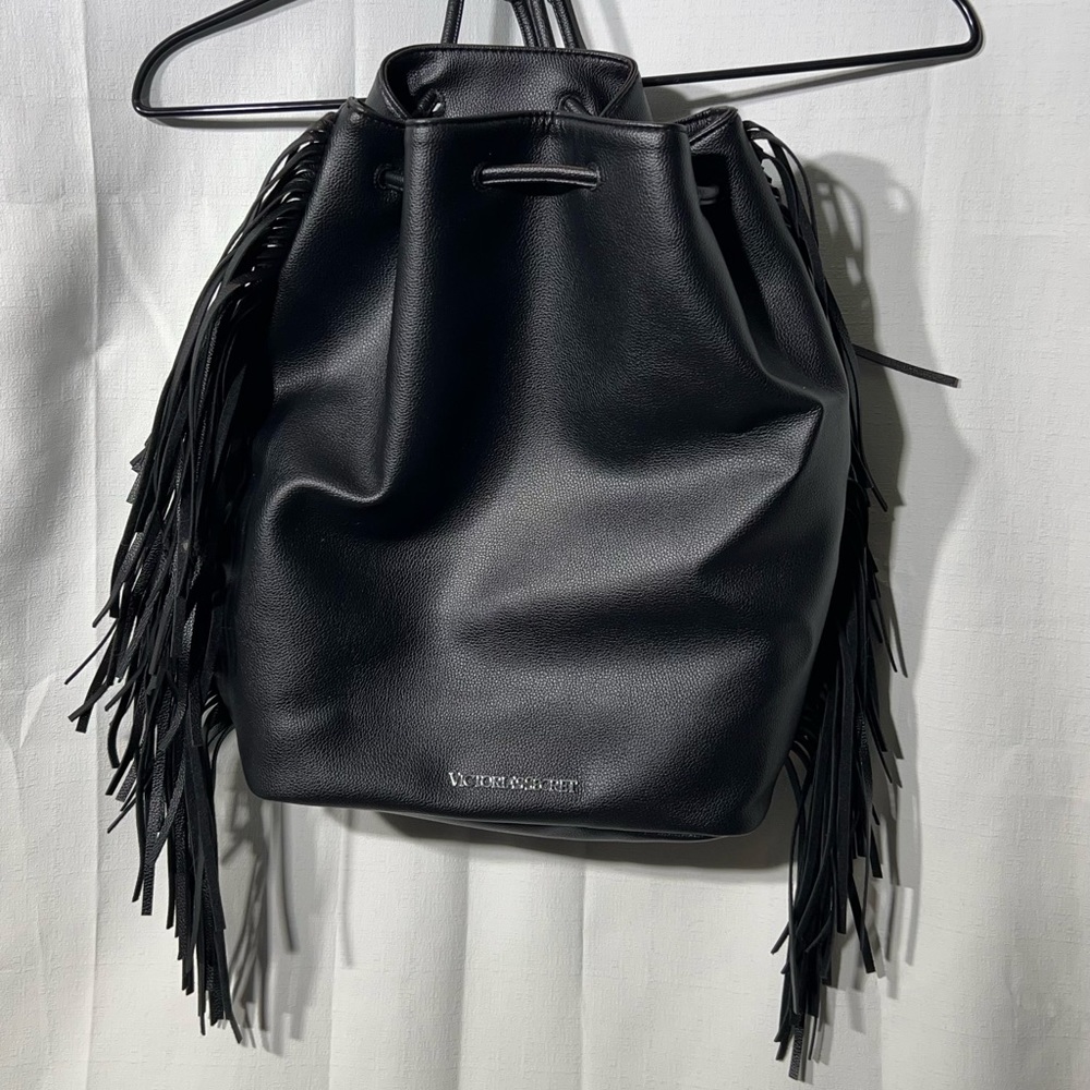 Victoria’s Secret Black Fringe Faux Leather Drawstring Backpack